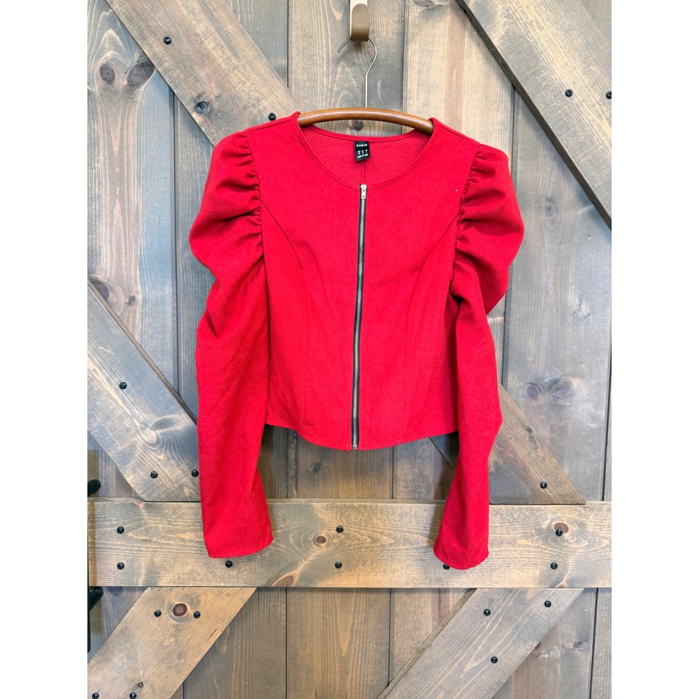 SHEIN Puff Sleeve Top Womens XS Red Excellent Zip Front Long Sleeve Cropped